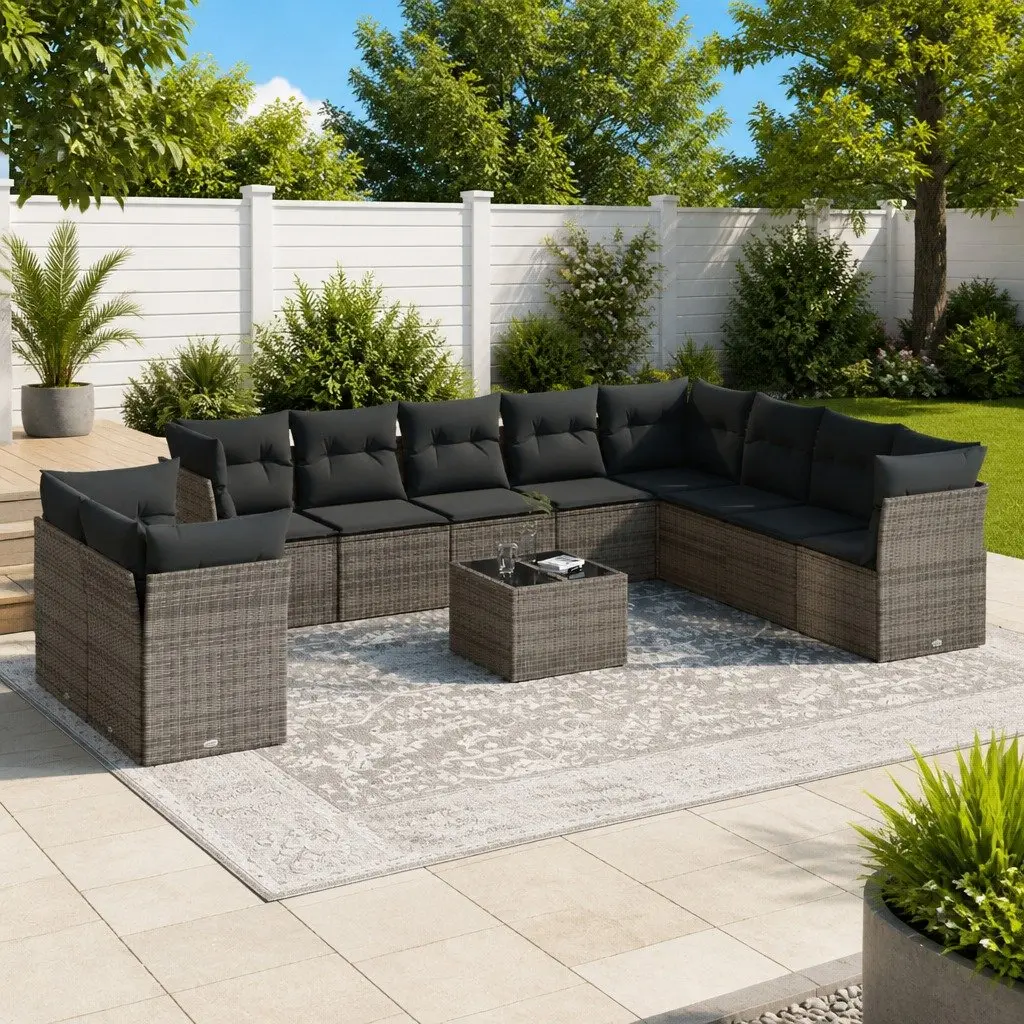 Outdoor Furniture Set 11 Piece Grey Poly Rattan Patio Sofa with Storage and Tempered Glass Tabletop