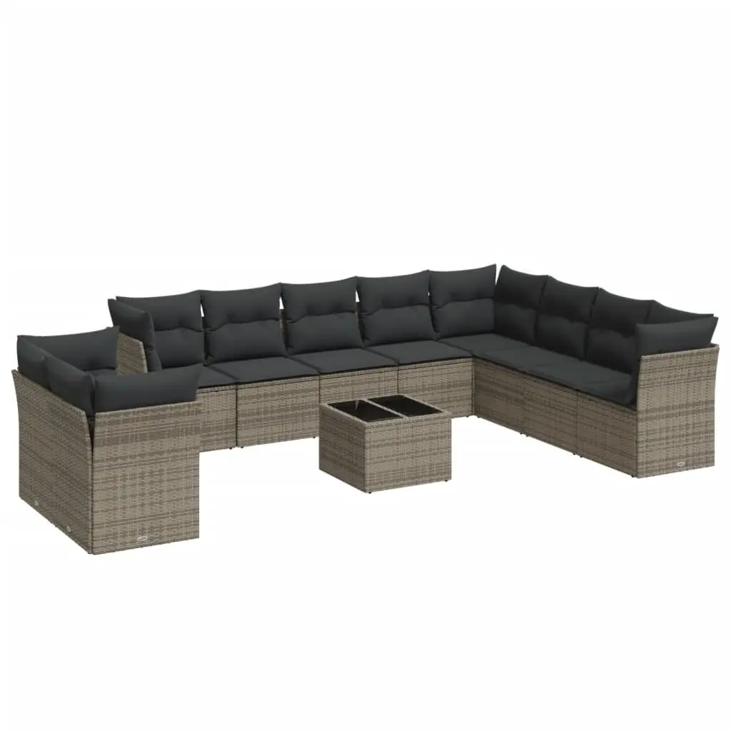 Outdoor Furniture Set 11 Piece Grey Poly Rattan Patio Sofa with Storage and Tempered Glass Tabletop