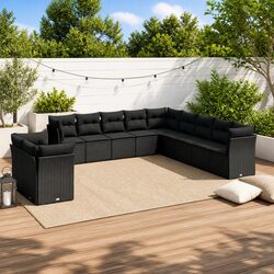 Outdoor Garden Sofa Set 11 Piece Black Poly Rattan Patio Furniture with Cushions