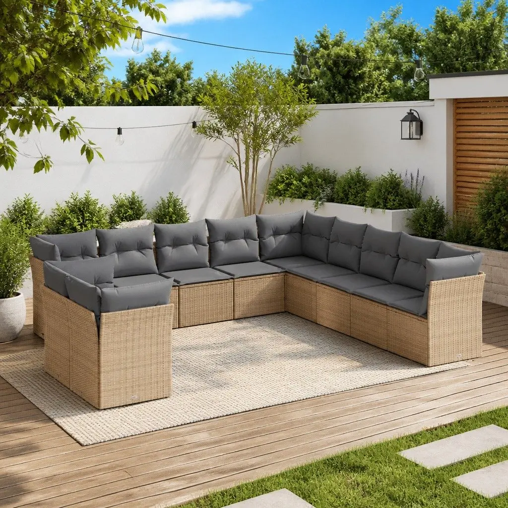 Outdoor Garden Sofa Set 11 Piece Beige Poly Rattan Patio Furniture
