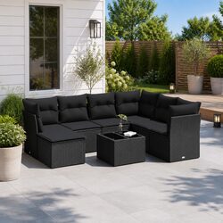 8-Piece Garden Sofa Set Black PE Rattan Dimensions & Features