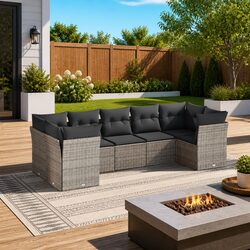 7 Piece Outdoor Sofa Set: Grey PE Rattan, Washable Cushions