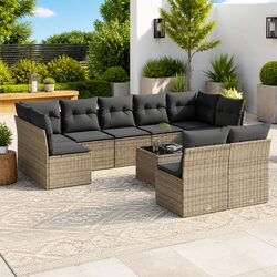 10 Piece Grey Modular Garden Sofa Set with Glass Top