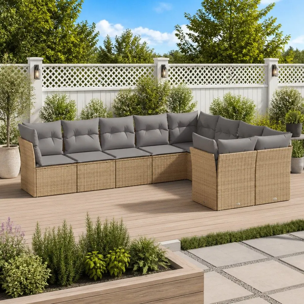 Outdoor Furniture Sofa Set 9 Piece Beige Poly Rattan Modular Seating for Garden Patio