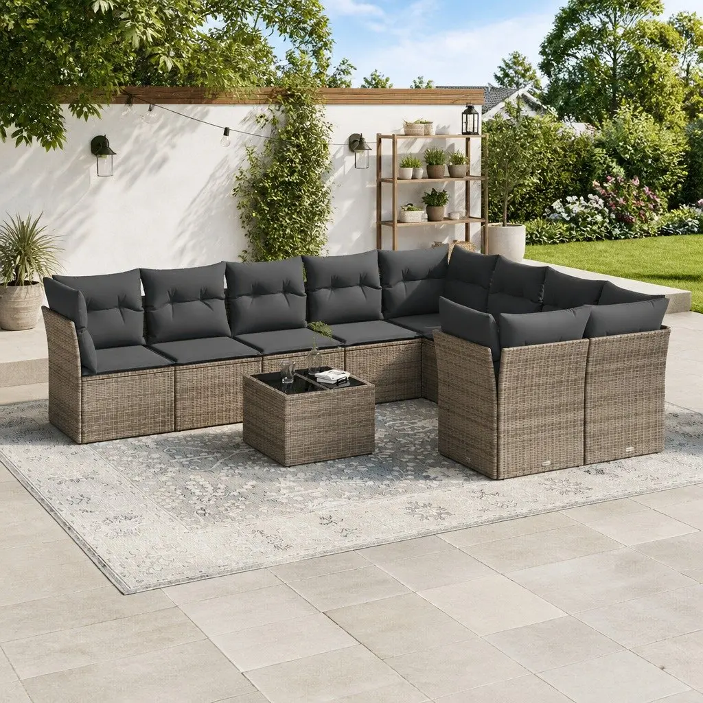 10 Piece Modular Garden Sofa Set Grey Poly Rattan Outdoor Furniture for Patio and Backyard