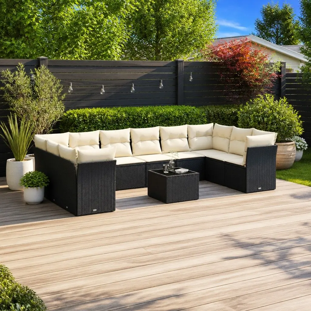 Garden Sofa Set Outdoor Patio Furniture 11 Piece Black Poly Rattan with Cushions