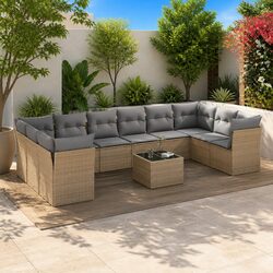 Garden Sofa Set 11 Piece Outdoor Furniture Patio Conversation Beige Poly Rattan