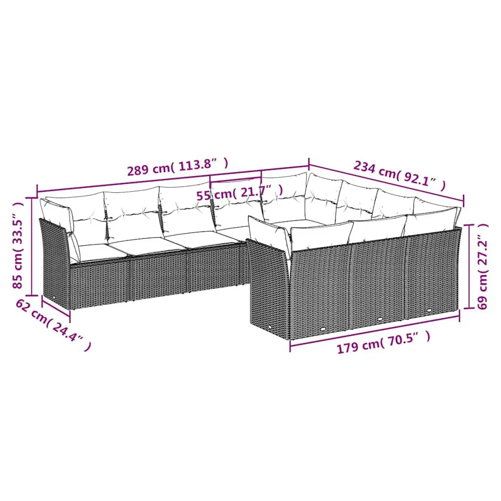 10-Piece Black Poly Rattan Outdoor Sofa Set