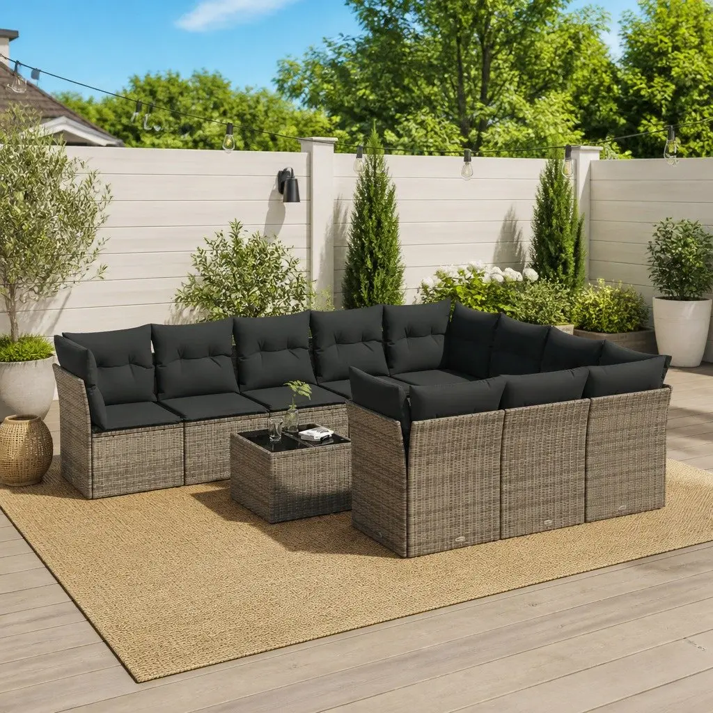11 Piece Grey Modular Outdoor Sofa Set for Garden and Patio with Storage Function and Tempered Glass Tabletop