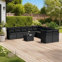 11 Piece Garden Sofa Set: Black PE Rattan and Glass Top