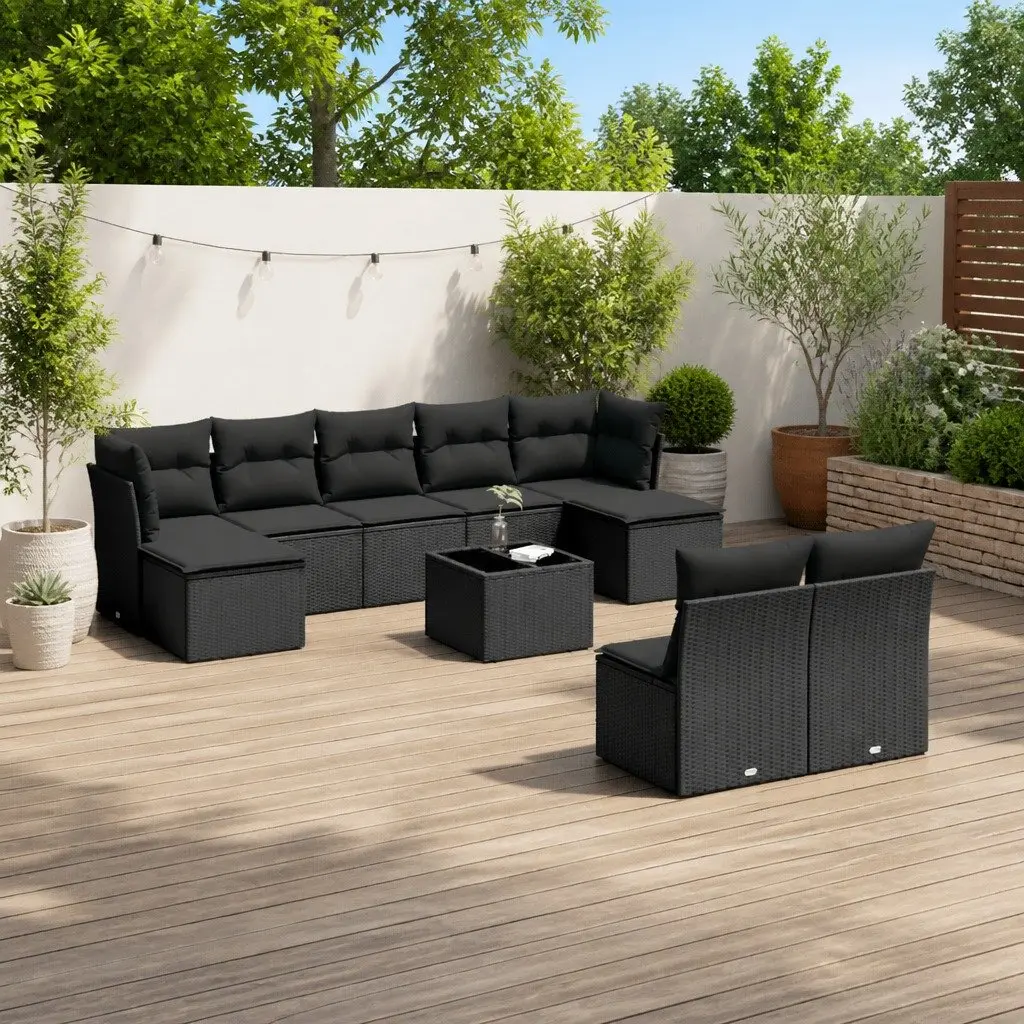 10 Piece Outdoor Garden Sofa Set for Patio Black Poly Rattan Furniture