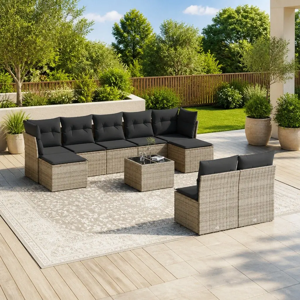 Garden Sofa Set Outdoor Furniture 10 Piece Grey Poly Rattan with Cushions