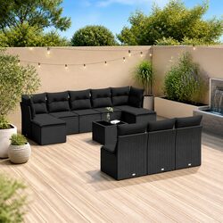 Garden Sofa Set 11 Piece Outdoor Patio Furniture Black Poly Rattan with Cushions