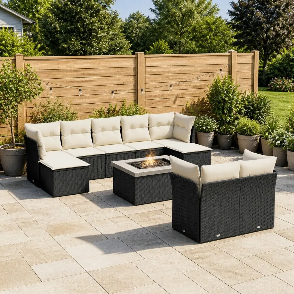Garden Sofa Set Outdoor Furniture 10 Piece Black Poly Rattan with Cushions