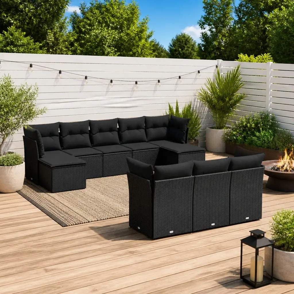 Garden Sofa Set 10 Piece Outdoor Furniture Black Poly Rattan Patio Lounge with