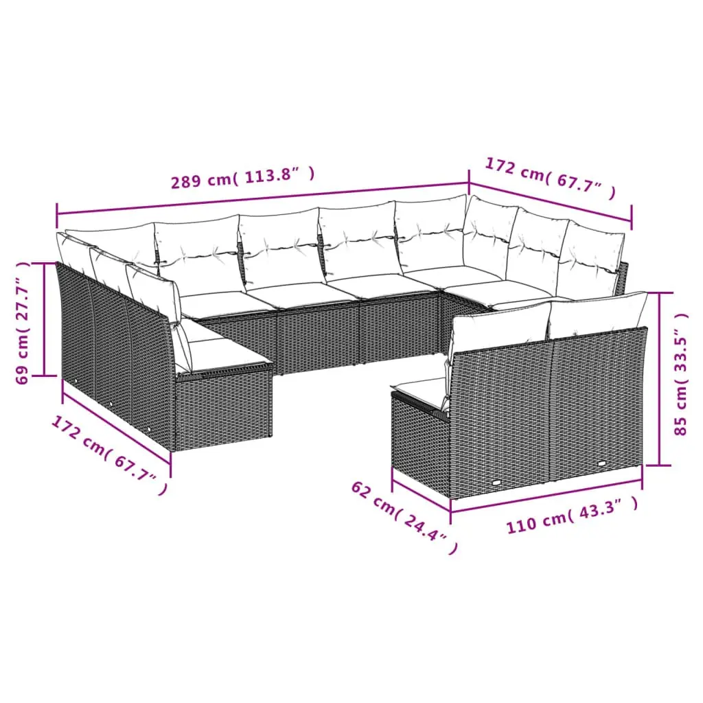 Outdoor Sofa Set 11 Piece Patio Furniture Modular Black Rattan with Cushions