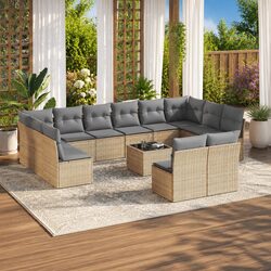 13 Piece Garden Sofa Set Beige Poly Rattan Patio Furniture with Cushions Modular