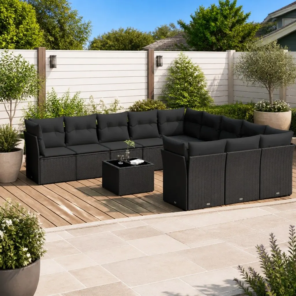 Garden Sofa Set 12 Piece Outdoor Patio Furniture Black Poly Rattan with Cushions