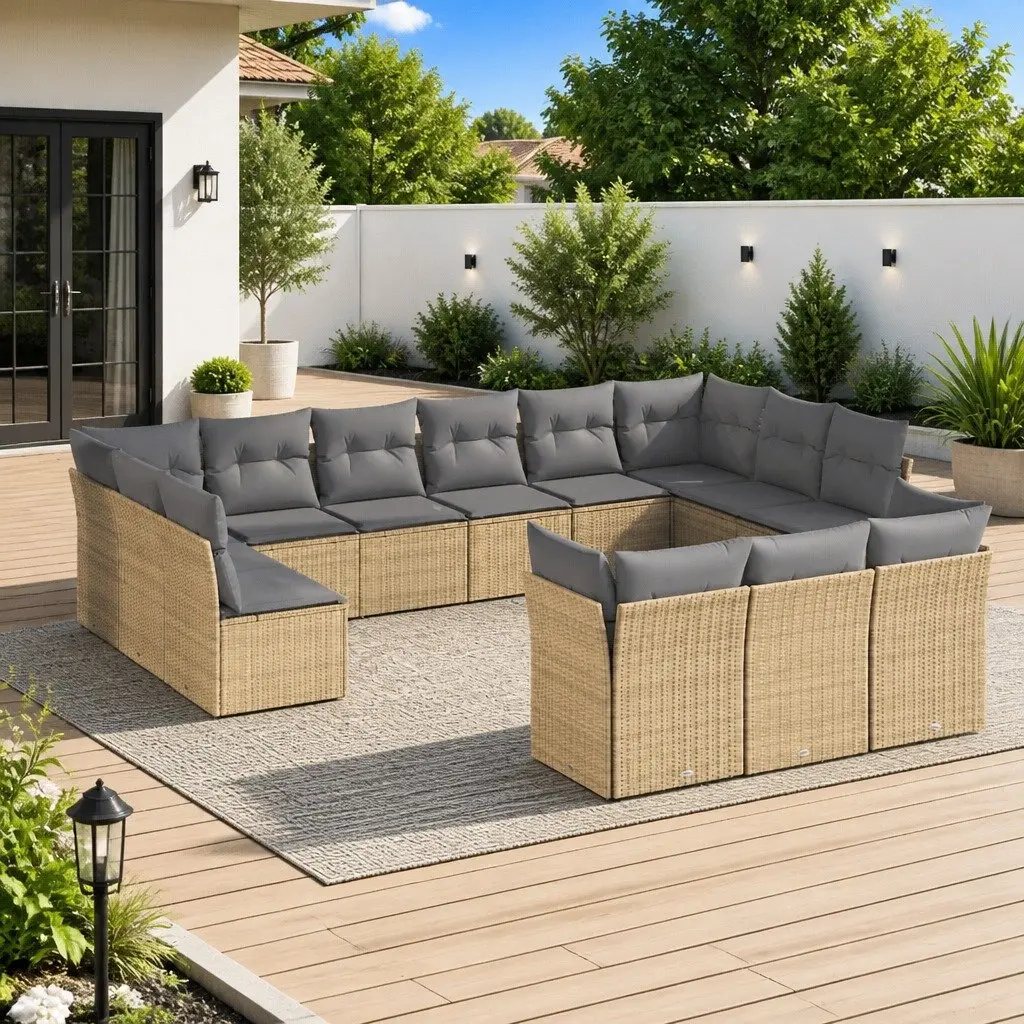 13-Piece Beige Poly Rattan Sofa Set