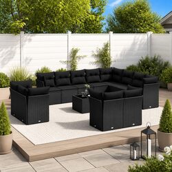 Garden Sofa Set 13 Piece Outdoor Furniture Black Poly Rattan Patio Sectional