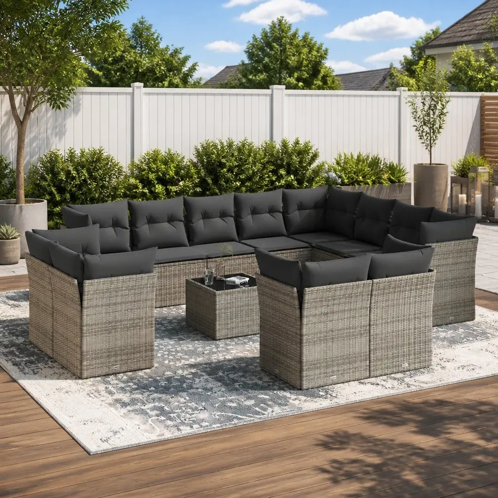 13 Piece Modular Outdoor Furniture Set Grey Poly Rattan Patio Seating with Removable Cushions and Tempered Glass Table for Backyard Terrace