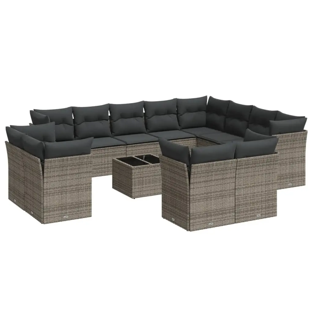 13 Piece Modular Outdoor Furniture Set Grey Poly Rattan Patio Seating with Removable Cushions and Tempered Glass Table for Backyard Terrace