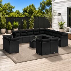 Garden Sofa Set 14 Piece Outdoor Furniture Black Poly Rattan Modular Patio