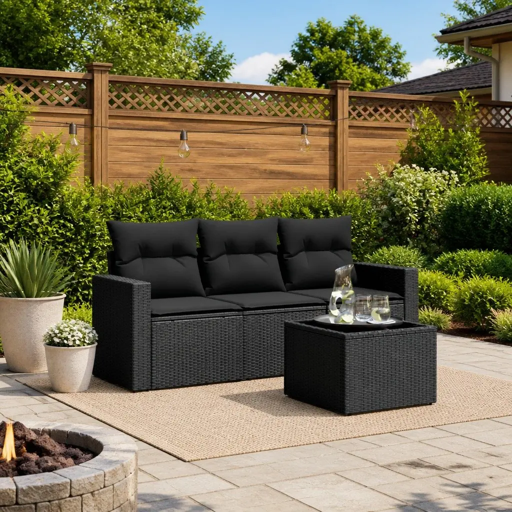Outdoor Sectional Sofa Set 4 Piece Black Poly Rattan Garden Furniture with