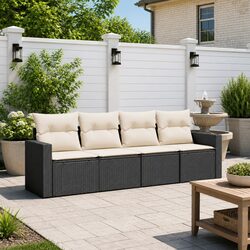 4 Piece Black Rattan Garden Sofa Set with Cushions