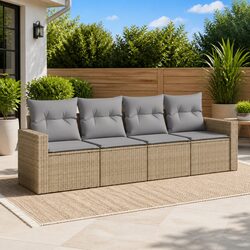 4 Piece Outdoor Garden Sofa Set Beige Poly Rattan Patio Sectional with Cushions