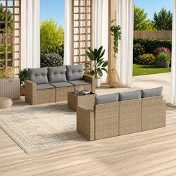 7 Piece Outdoor Garden Sofa Set Beige Poly Rattan Patio Sectional with Cushions