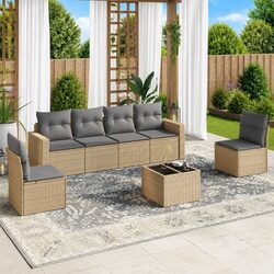 7 Piece Garden Sofa Set Outdoor Sectional Furniture Beige Patio Seating with