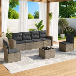 7 Piece Outdoor Sofa Set - Grey PE Rattan, Modular Design