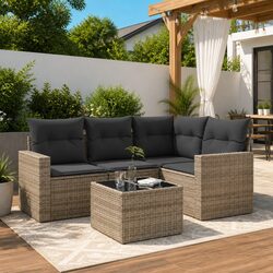 5 Piece Grey Garden Sofa Set with PE Rattan and Glass Top