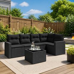 Outdoor Sectional Sofa Set 6 Piece Black Poly Rattan Garden Furniture with