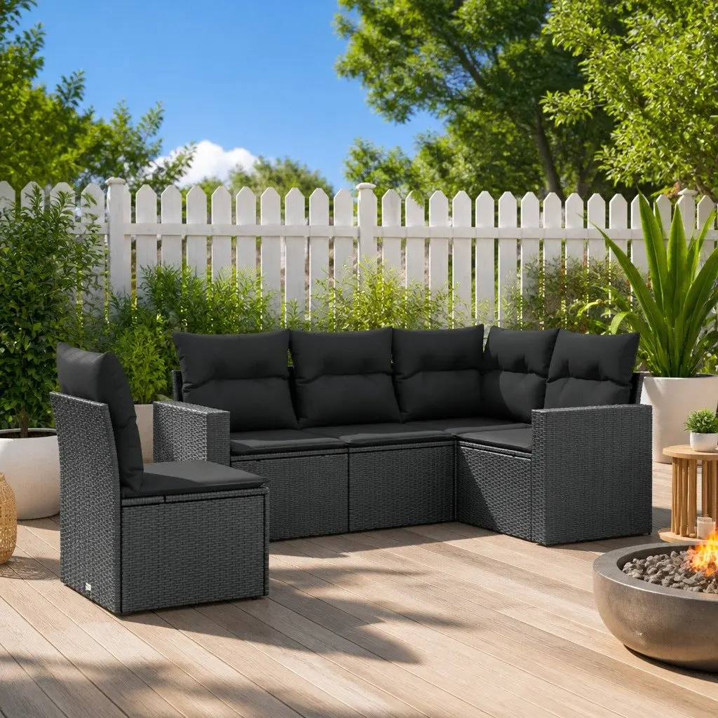 5-Piece Outdoor Garden Sectional Sofa Set Black Poly Rattan with Cushions