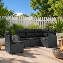 5-Piece Outdoor Garden Sectional Sofa Set Black Poly Rattan with Cushions