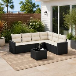 Outdoor Modular Sectional Sofa Set - 7 Pieces of Black Rattan
