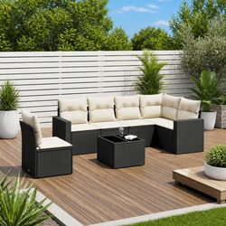 7 Piece Modular Outdoor Sofa Set: Black PE Rattan Furniture