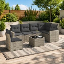 Outdoor Sectional Sofa Set 7 Piece Garden Furniture Grey Rattan with Cushions