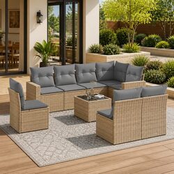 Outdoor Sectional Sofa Set 9 Piece Garden Furniture Beige Poly Rattan with
