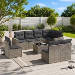 9 Piece Outdoor Sectional Sofa Set Grey Poly Rattan Garden Patio Furniture with