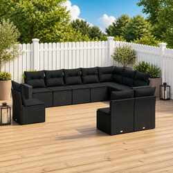 10-Piece Black Garden Sofa Set with Removable Cushions