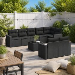 9 Piece Outdoor Garden Sectional Sofa Set Black Rattan Patio Furniture with
