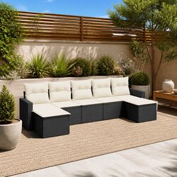 7 Piece Outdoor Sectional Sofa Set Black Poly Rattan Garden Patio Furniture