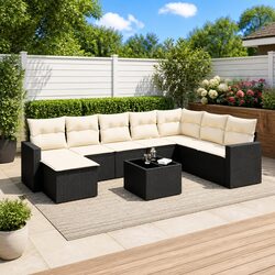 Detailed Specs: 9-Piece Black Poly Rattan Sectional Sofa