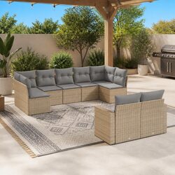 9 Piece Outdoor Sofa Set: Beige Poly Rattan Construction