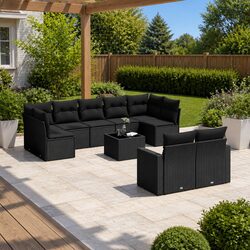 Outdoor Sectional Sofa Set 10 Piece Garden Furniture Black Poly Rattan Modular