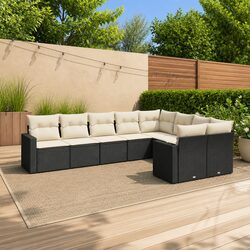 9 Piece Garden Sofa Set: Black Rattan with Cushions and Storage