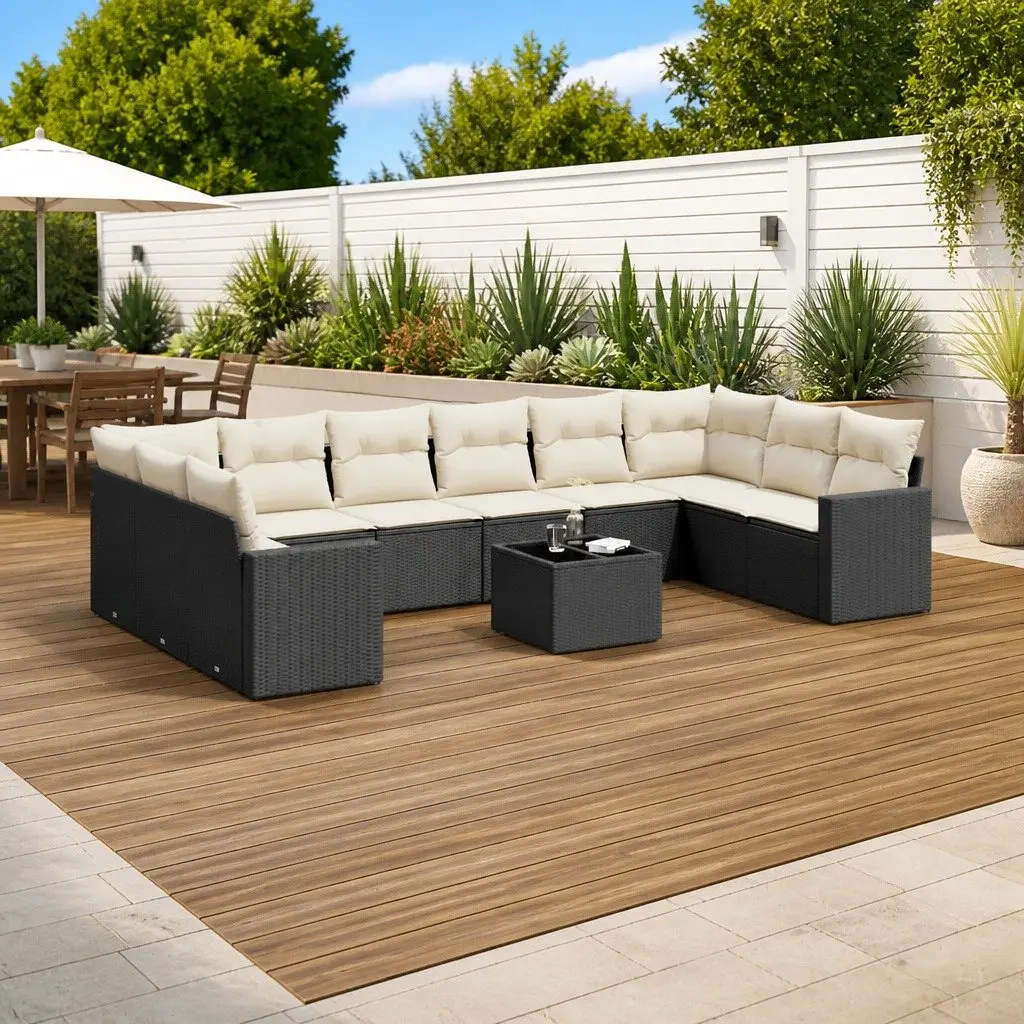Outdoor Sectional Sofa Set 11 Piece Black Poly Rattan Patio Furniture